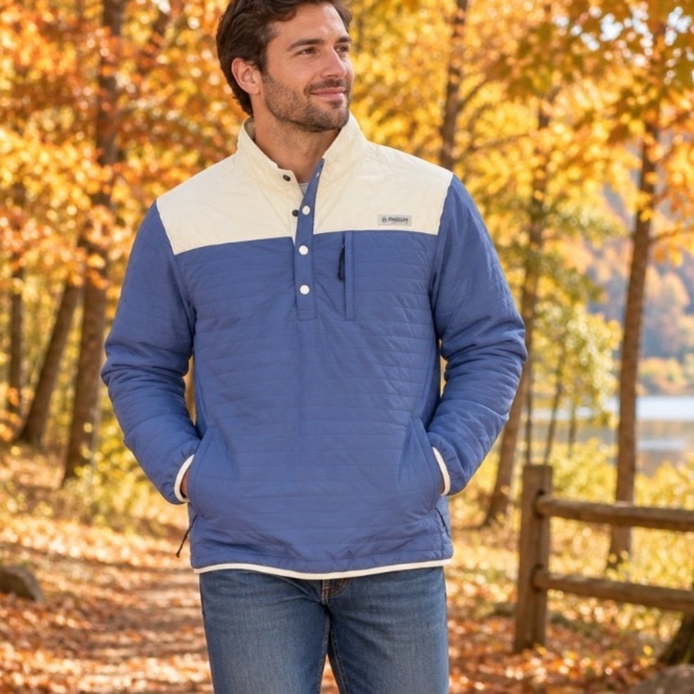 Magellan Outdoors Mens Quilted Snap Pullover Jacket Blue XL Water Resistant